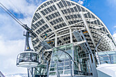 View of Skyway Monte Bianco cable car station at Pavillon du Mont Frety in winter, Courmayeur, Aosta Valley, Italian Alps, Italy
