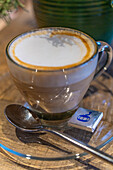 View of coffee in cafe at Skyway Monte Bianco cable car station in Entreves, Entreves, Aosta Valley, Italian Alps, Italy