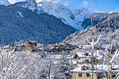View of snow covered trees, mountains and Dolonne from Courmayeur in winter, Courmayeur, Aosta Valley, Italian Alps, Italy