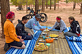 Lunch break, group of bikers, road from Telouet to Tighza, Ouarzazate Province, region of Draa-Tafilalet, Morocco