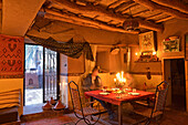 Dining room at Kasbah Tebi, guest house in Ksar of Ait-Ben-Haddou, Ounila River valley, Ouarzazate Province, region of Draa-Tafilalet, Morocco