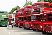 Routemaster buses parade at the 70th anniversary of the first Routemaster bus, RM1, London, England, United Kingdom