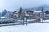 View of snow covered town centre in winter, Courmayeur, Aosta Valley, Italy