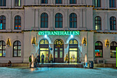 View of entrance to Ostbanehallen at dusk, Oslo, Norway, Scandinavia