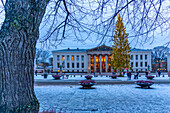 View of Domus Media in University Square during winter, Oslo, Norway, Scandinavia