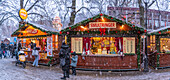View of Christmas market during winter at dusk, Stortingsparken, Oslo, Norway, Scandinavia