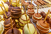 View of market stall with fruit covered in chocolate at Christmas, Breitscheidplatz, Berlin, Germany