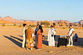 Passengers having snack after hot air balloon flight over Hegra site, with Hero Balloon Flights Saudi Operator, AlUla, Medina Province, Saudi Arabia