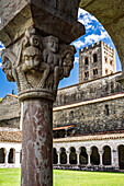 Codalet, France, Aug 22 2022, Detailed view of a Romanesque column with a unique capital in the cloister of Saint-Michel de Cuxa abbey, Codalet, France.