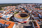Aerial view of bullring and cityscape of Nazare, Portugal