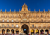 Salamanca, Spain, Aug 18 2018, Historic San Fernando Archway in Salamanca's Plaza Mayor under a clear blue sky.