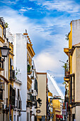 The unique design of the Alamillo Bridge mast towers over the historic San Luis street in Seville, showcasing beautiful architecture.