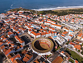Aerial view of bullring and cityscape of Nazare, Portugal
