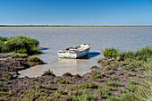 A small boat is secured to the muddy bank of the lower Guadalquivir river in Trebujena, showcasing the serene landscape of Andalusia.