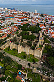 Aerial view of Sao Jorge Castle (Saint George's Castle), city skyline and National Pantheon, Lisbon, Portugal