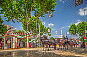 Seville, Spain, Apr 29 2009, Horse-drawn carriages glide effortlessly through the lively April's Fair in Seville, showcasing tradition under a beautiful blue sky.