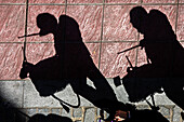 Shadows of musicians from a brass band create an artistic display on the pavement during Holy Week festivities in Seville.