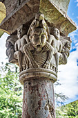 Codalet, France, Aug 22 2022, Intricate stone carvings depict fantastical and mythological figures on a capital in the cloister of Saint-Michel de Cuxa in Codalet.