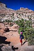 Junge kaukasische Frau auf dem Canyon Overlook Trail im Zion National Park, Utah