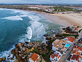Aerial view of Praia do Baleal norte beach and local architecture, Baleal