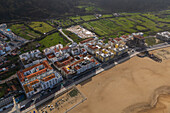 Aerial view of Nazare beach and cityscape, Portugal
