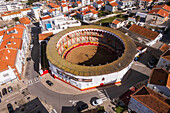 Aerial view of bullring and cityscape of Nazare, Portugal