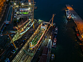Aerial view of an illuminated Port of Lisbon at night