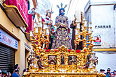 Seville, Spain, Apr 2 2010, The float of Sentencia from the Macarena brotherhood moves through Relator, Seville on Good Friday morning during Holy Week.