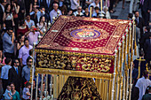 Crowds gather in Seville for Holy Week, admiring the ornate canopy of the Virgin of Victory from the Cigarreras brotherhood.