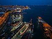 Aerial view of an illuminated Port of Lisbon at night
