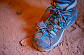 Little mouse climbing on a hiker´s boot