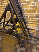 A rolling wooden extension ladder in the Cathedral of Medellín, Colombia, capable of reaching the ceiling.