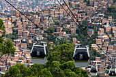 Gondolas of the Medellin Metrocable system serving the lower income neighborhoods in Medellin, Colombia.