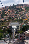 Cable cars at Vallejuelos Station on the Medellin Metrocable system in Medellin, Colombia.