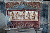 Fresco in the Thermopolium of Vetutius Placidus, Building I.8.8, in the ancient Roman ruins of Pompeii, Italy. A thermopolium was a Roman fast-food take-out restaurant.