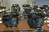 1st Century bronze scyphi or wine cups in the Vesuvian Life Gallery, National Archaeological Museum of Naples, Naples, Italy.