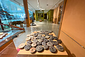 Pre-Hispanic ceramic torteros or weights for spindles in the Bicentennial Cultural Center, Santiago del Estero, Argentina. The spindles were used by indigenous peoples to spin fibers for making thread for weaving. They were made of ceramic and often decorated with geometric designs.