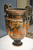 A red-figure volute krater from Ruvo in the National Archaeological Museum of Naples, Naples, Italy. Circa 4th Century B.C. Magna Graecia Collection.