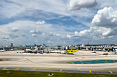 Passenger airliners on the ground at Miami International Airport in Miami, Florida.