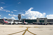 Passenger airliners on the ground at Miami International Airport in Miami, Florida.