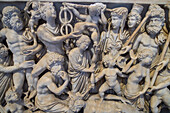 A 4th Century marble sarcophagus in the National Archaeological Museum of Naples, Naples, Italy. Depicted is the creation of humankind by Prometheus with numerous other deities included in the scene.