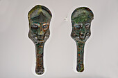 Pair of bronze prometopidia from Ruvo in the National Archaeological Museum of Naples, Naples, Italy. Circa late 6th Century B.C. Magna Graecia Collection. A prometopedia was an armored headplate for a horse.