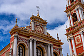 Architectural detail of the facade and bell tower of the Church and Convent of San Francisco in Salta, Argentina.
