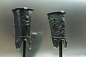 Bronze gladiator's greaves in the Vesuvian Life Gallery, National Archaeological Museum of Naples, Naples, Italy. From the Gladiatorial Barracks in Pompeii, circa 1st Century A.D.