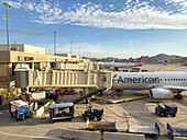 Passenger jets at the terminal of the Phoenix Sky Harbor International Airport, Phoenix, Arizona.