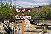 A welcome sign at the Ruins of Quilmes Archeological Park in Tucuman, Argentina.