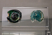 Glass plaques with theatrical masks in the Vesuvian Life Gallery, National Archaeological Museum of Naples, Naples, Italy. From 1st Century Pompeii. From 1st Century Pompeii.