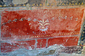 Colorful fresco with floral motif in the House of Julia Felix, Building II.4.3 in the ancient Roman ruins of Pompeii, Italy.