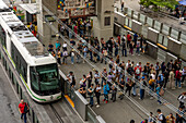 Passengers line up for trams on Line T at San Antonio Station of the Medellin Metro, Medellin, Colombia.