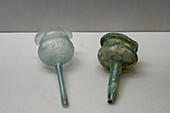 Free-blown glass funnels in the Vesuvian Life Gallery, National Archaeological Museum of Naples, Naples, Italy. From 1st Century Pompeii.